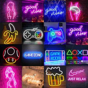 Nuit Icône Gaming Neon Sign PS4 Contrôle Lampe Décorative Bonnes vibrations Lumières Champignon Jeu Tenture Murale Bar Décor À La Maison HKD230704