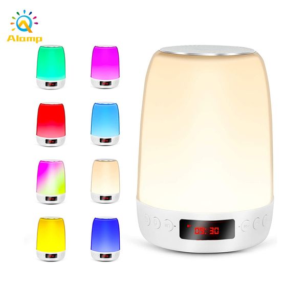 Luz nocturna Altavoz Bluetooth Sensor táctil 7 colores lámpara de escritorio LED para mesita de noche con reproducción de música despertador Radio FM tarjeta TF