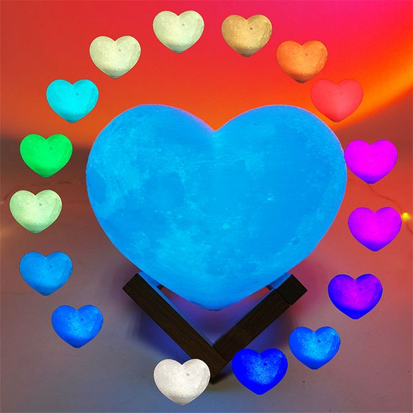 Lámpara de luna en forma de corazón con luz nocturna, 12 cm 15 cm Carga USB impresa en 3D con soporte de madera, luz nocturna de 16 colores para fiesta de cumpleaños Regalo de Navidad decoración del hogar