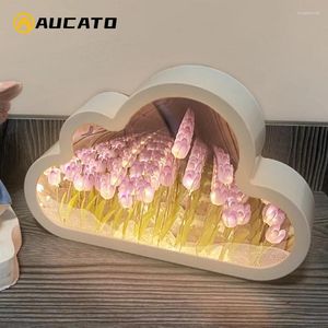 Veilleuses 1 pièces bricolage nuage tulipe miroir lumière LED Po cadre lampes de table fille chambre ornements chevet cadeaux d'anniversaire faits à la main