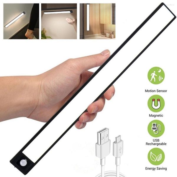 Luces nocturnas 20 cm 40 cm PIR Sensor de movimiento Luz LED USB Recargable Armario Pared magnética para dormitorio Cocina Escaleras Mesita de noche