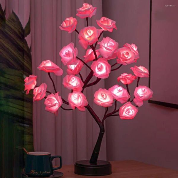 Veilleuses 24 LED Rose Tree USB Plug Lampe de table Fée Fleur Lumière pour la maison Fête de Noël Mariage Chambre Décoration Cadeau