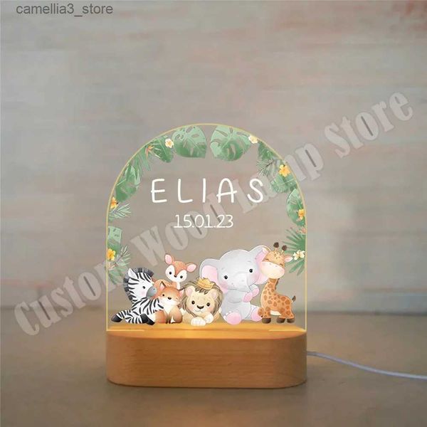 Veilleuses 33 styles personnalisé Animal LED USB veilleuse personnalisé bébé enfants nom Date de naissance lampe acrylique pour chambre Table arc-en-ciel décor Q231114