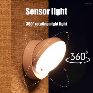 Luces nocturnas 360 ° PIR Luz de detección de movimiento Redondo Ahorro de energía Dormitorio USB Lámpara recargable Armario Cabecera Escaleras Inducción inteligente