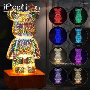 Veilleuses 3D feux d'artifice ours lumière LED atmosphère gradation pour chambre lampe de table de projection cadeau romantique maison Kawaii bureau décoration