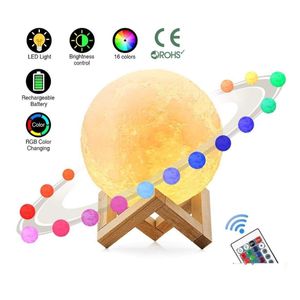 Veilleuses 3D Led 16 Couleurs Magique Lune Lumière Moonlight Lampe De Bureau Usb Rechargeable Couleurs Stepless Pour Noël Ou Drop Delivery Dh6Mj