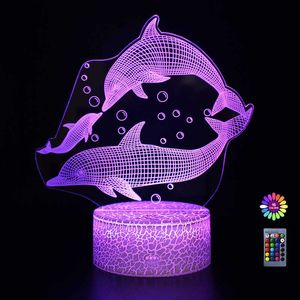 Night Lights 3D LED Dolphin Night Light 7/16 Kleurverandering Touch/afstandsbediening Fashion Cool Acryl Tafe Lamp Home Decoratie voor kinderen Gift P230325