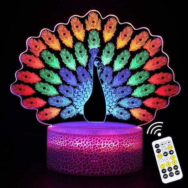 Luces nocturnas Visión 3D Luces nocturnas Pavo real RGB LED Cambio de color Control remoto táctil Regalo creativo Mesa Lámpara de escritorio Decoración del dormitorio del hogar P230325