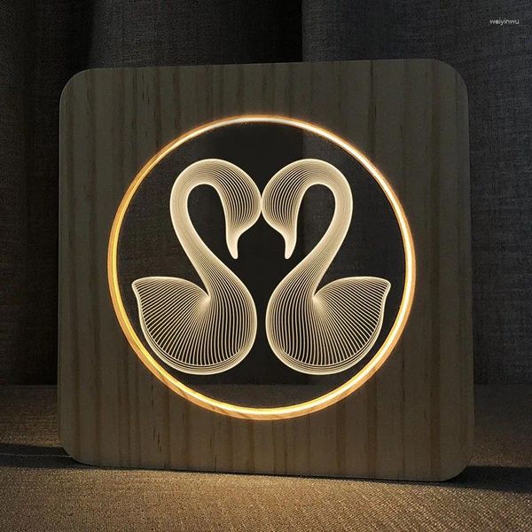 Luces nocturnas 3D Cisne de madera Pareja Sombra Cristianismo Crucifijo Artesanía Mesa Lámpara LED Escritorio USB de madera Regalo para niños Decoración del hogar