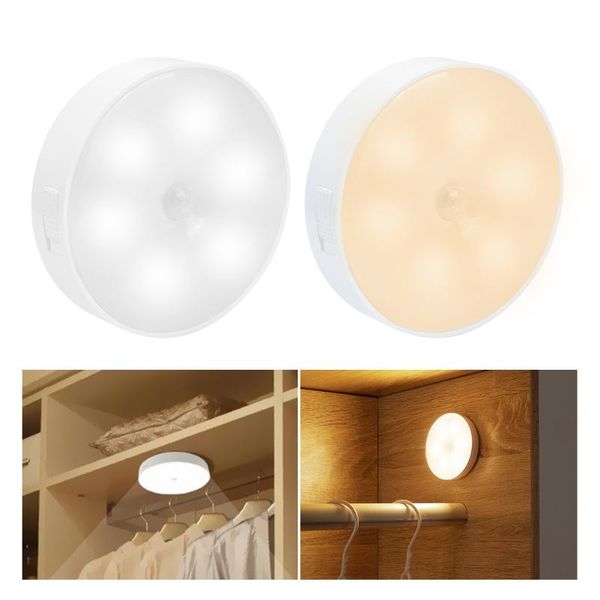 Veilleuses 4pcs 6 LEDs USB Rechargeable Round Motion Sensor Induction Under Cabinet Light Closet Lamp Ome Wall Stair LED LampNight