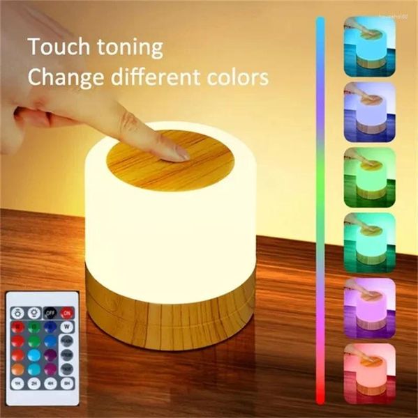 Luces nocturnas 7 colores luz regulable LED sensor táctil lámpara de mesa de noche de madera con brillo ajustable control remoto