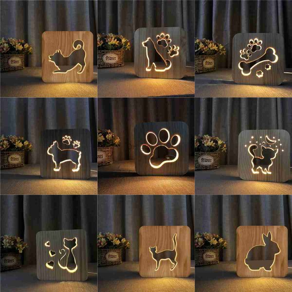 Veilleuses Acecorner LED USB veilleuse en bois chien patte chat loup tête Animal lampe nouveauté enfant 3D décoration lampe enfants Gif YQ240207