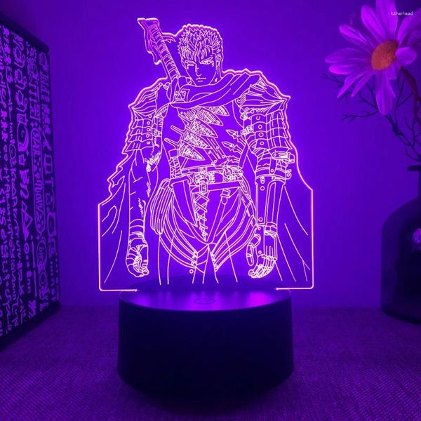 Luces nocturnas de anime LED LED Berserk Guts Figura para el dormitorio Regalo decorativo de cumpleaños Lámpara de mesa para niños Manga