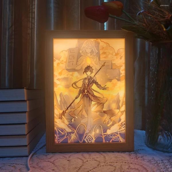 Luces nocturnas Anime Led Po marco lámpara Genshin Impact Xiao Zhongli arte pintura diseño luz Demon Slayer decoración del hogar regalo de la habitación del niño