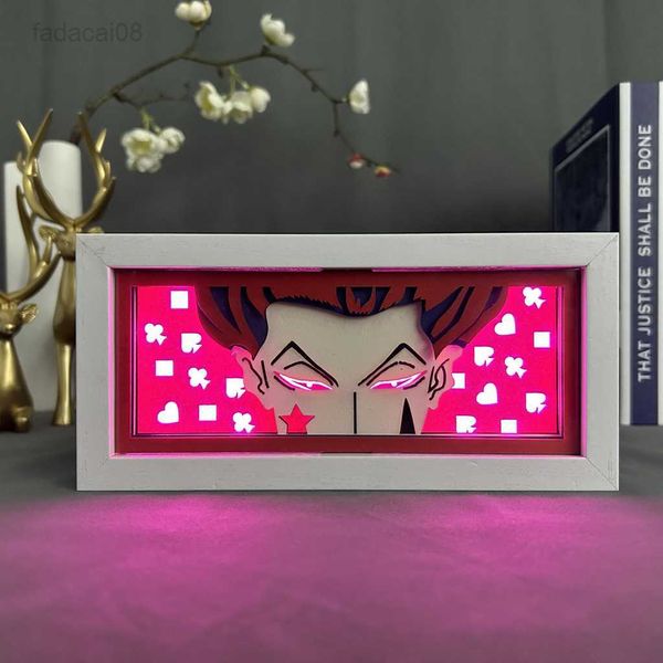 Night Lights Anime Light Box X Hunter Hisoka Eye Face para decoración de dormitorio Lightbox Manga Paper Carving Table Desk Lamp Wood HKD230704