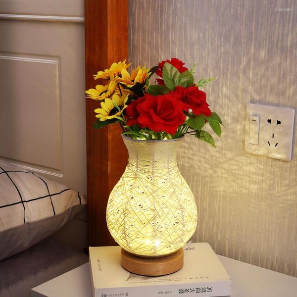 Veilleuses Bambou Vase Lampe De Table USB Salon Fleurs Pot Échantillons De Plantes Chambre Bureau Décoratif LED Lumière