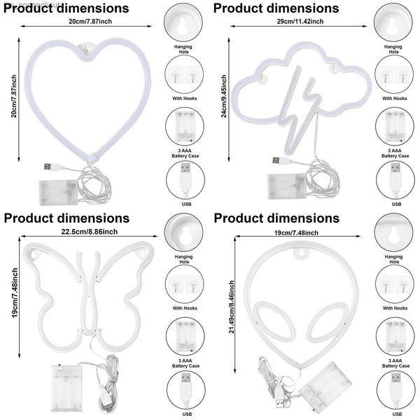 Luces nocturnas Batería/USB LED Luz de neón Decoración de pared Mariposa Rayo Corazón Letrero de neón Luz nocturna para niños Dormitorio Regalo de fiesta de boda R231110