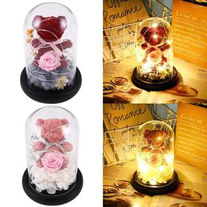 Nachtlichten beer rose led light kids cadeaus glazen koepel op houtbasis Fairy Lamp voor Mother's Day Girl's Birthday Desk Ornament D30