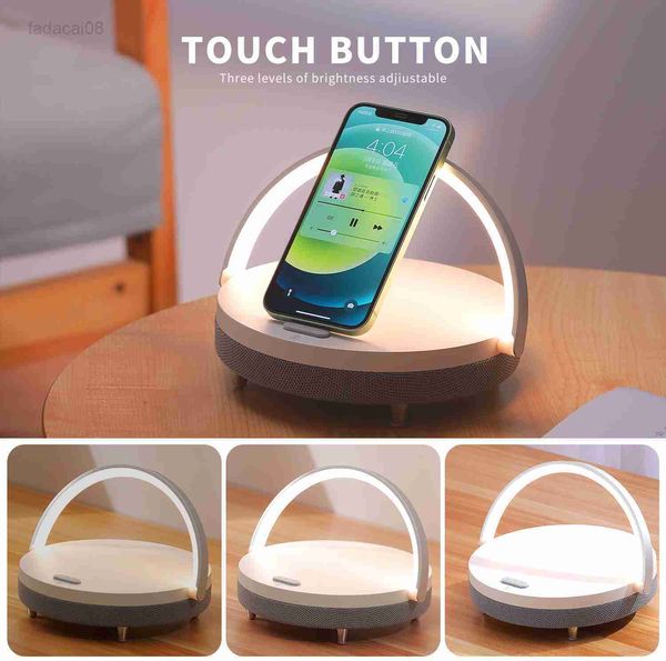 Luces nocturnas Bluetooth Mesa de madera Soporte de teléfono móvil de alta potencia para IPhone 13 Cargador inalámbrico Lámpara Altavoz HKD230704