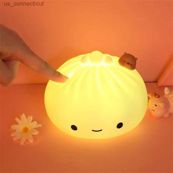 Luces de noche Bun Lindo LED Luz de noche Bola de masa hervida de dibujos animados para niños Dormitorio Decoración del hogar de vacaciones Lámpara suave Regalos de Navidad para niños R231110