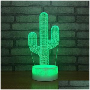 Veilleuses Cactus Forme 3D Lampe de table LED Changement de couleur Illusion visuelle USB Veilleuse Style végétal pour enfants Cadeaux de Noël Drop Dhfbm