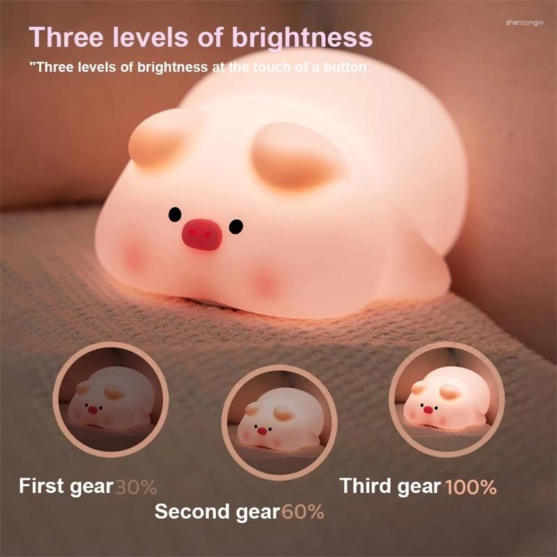 Night Lights Cartoon Pig Light Kawaii Silicone Rechargeable Lamp Timed For Kids Cute Bedroom Decor Ornaments Idea Gifts