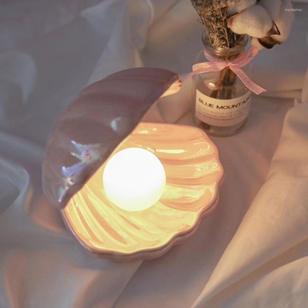 Veilleuses Lampe De Coquillage En Céramique Avec Perle Ins Style Japonais Streamer Sirène Fée Lumière De Chevet Décoration De La Maison Anniversaire Cadeau De Noël