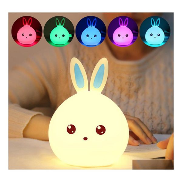 Luces nocturnas Niños Lámpara de luz nocturna Sile Sensor táctil Conejo Lámparas LED Cambio de color Respiración Regalos de Navidad Mesita de noche para gota Otjqp