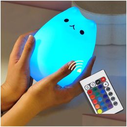 Lumières nocturnes Colorf Touch Cat Cat Light LED Children Animal Sil Soft Cartoon Baby Nursery lampe respirant USB Drop Livrot Lightin DHHB9