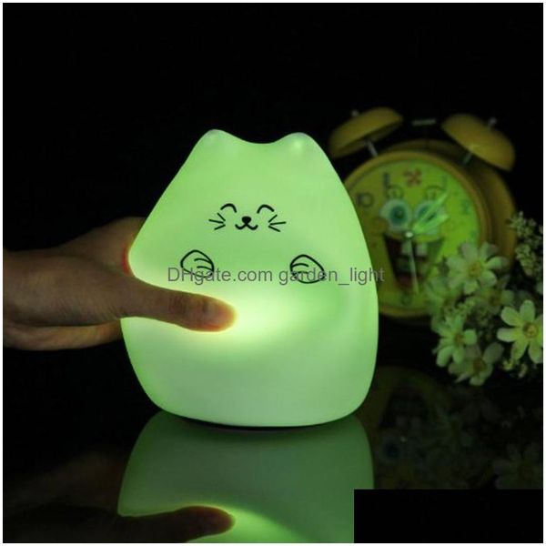 Veilleuses Colorf Capteur Tactile Chat Lumière LED Enfants Animal Nuit Sile Doux Dessin Animé Bébé Pépinière Lampe Respiration USB Drop Livraison Dh4Ur