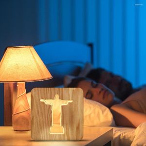 Veilleuses Creative 3D Light Jesus Lampe de table en bois Chevet pour enfants USB Bois Artisanat Décoratif de style européen