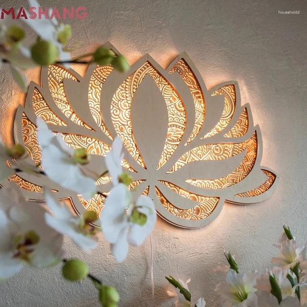 Veilleuses Creative 3D Lotus Mandala Yoga Chambre Lumière LED Sculpté Atmosphère Tenture Murale Lampe En Bois Pour La Maison Lit Art Décoration