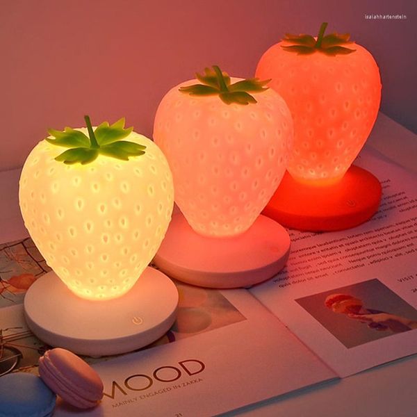 Veilleuses créatives en forme de fraise pour la maison, chargeur USB, décoration de lit, lampe d'ambiance, Design LED en Silicone, Table tactile pour les yeux