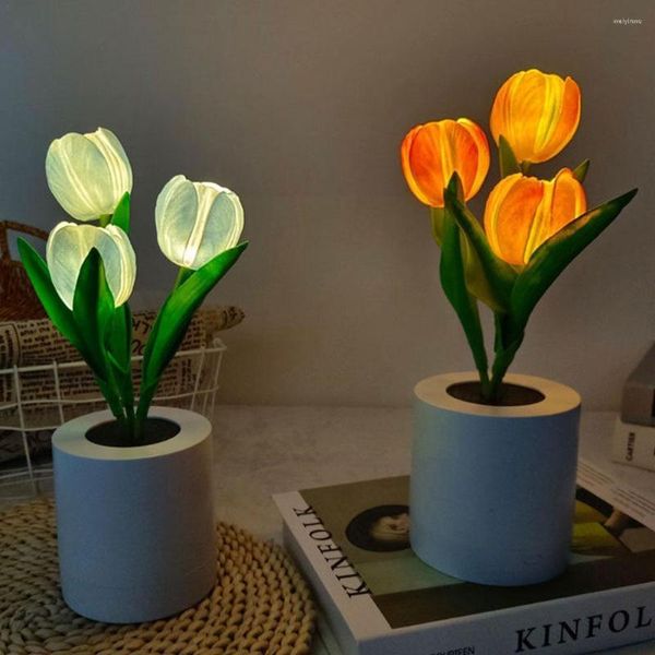 Veilleuses Creative Tulipe LED Lampe De Table Rose Fleur Arbre De Noël Maison Bonsaï Décoration Chambre Ga B0A4