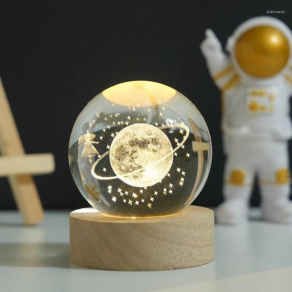 Luces nocturnas Bola de cristal Luz Ciencia Espacio Astronomía Universo Planeta Regalo encantador Alimentación USB Lámpara de cabecera blanca cálida 3D