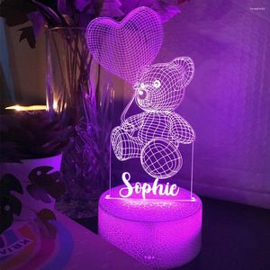 Veilleuses nom personnalisé ours en peluche 7/16 lumière colorée 3D lampe à LED pour chambre d'enfant décor cadeau d'anniversaire de noël