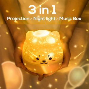 Luces nocturnas Oso lindo LED Lámpara de noche Niños estrellados Lámpara de proyector de música USB Recargable Girar luz para niños Dormitorio junto a la cama Decoración P230331