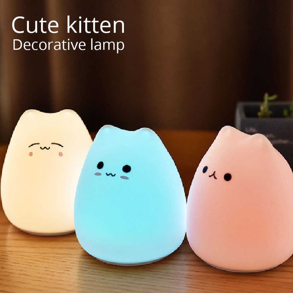 Veilleuses Mignon LED USB Chat Silicone Capteur Tactile Veilleuse Rechargeable Enfant Vacances Cadeau Chambre Décor Lampe Batterie/USB Décor À La Maison P230331