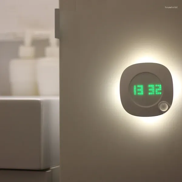 Luces nocturnas LED digitales para niños, Sensor de movimiento, pared, batería AAA, reloj de tiempo, WC, hogar, inodoro, dormitorio, lámpara con imán