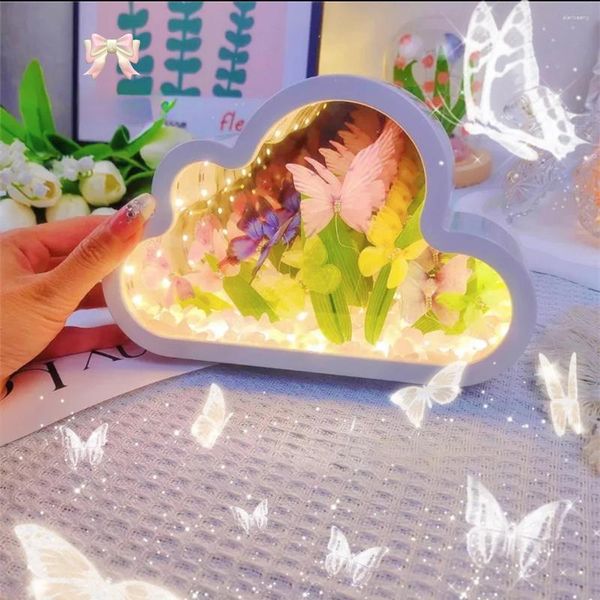 Veilleuses DIY Nuage Papillon Miroir Lampe À La Main Maquillage Ins Fille Salon Décor De Bureau Cadeau D'anniversaire Créatif