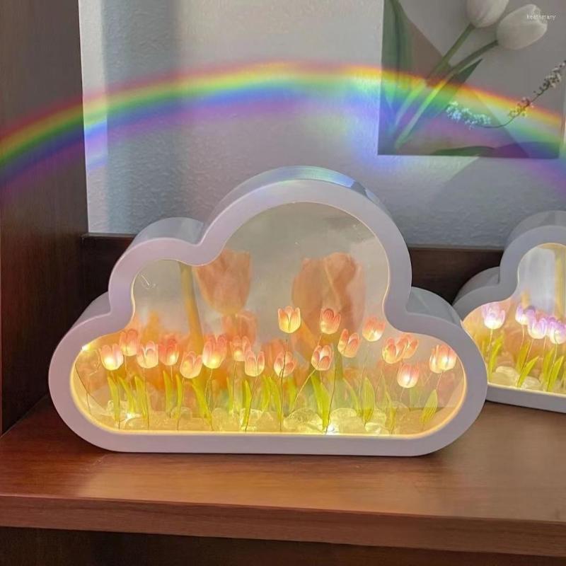 Night Lights DIY Cloud Tulip Mirror Light - Handmade Makeup Lamp For Unique Living Room Desktop Home Decor Girls Birthday Gift