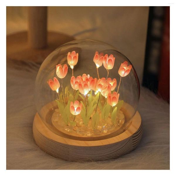 Luces de noche DIY luz hecha a mano decoración de tulipán cubierta de vidrio Base de madera lámpara de flores para mujeres novia esposa niñas