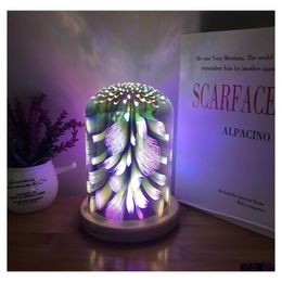 Luces de noche Árbol de fuego Sier Flor 3D Colorf Lámpara de mesa de vidrio Luz de noche creativa de madera Decoración de cielo estrellado Entrega de entrega Ligh Dh0B8