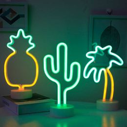 Nachtlichten Flamingo LED Neon Licht Kokosboom Cactus Hartvorm Lamp Stand Kleurrijke Home Room Decoratie Kerstavond Licht P230331