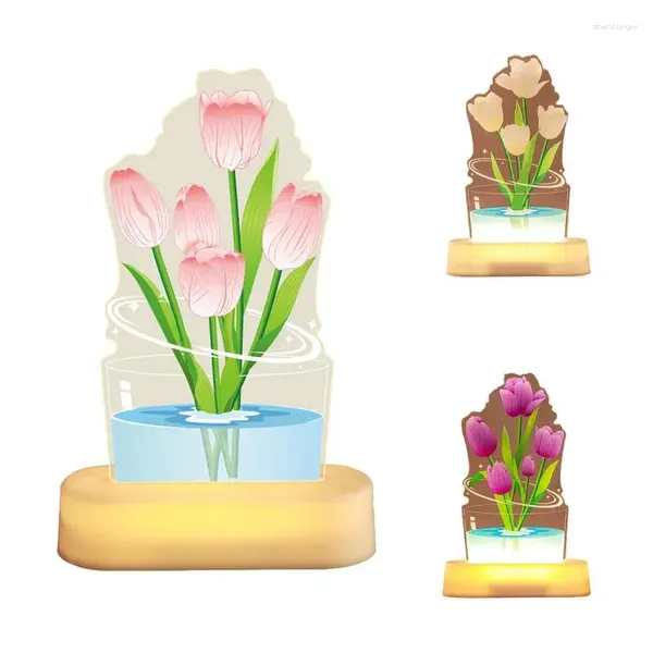 Luces nocturnas, lámpara de mesa con luz de flores, dormitorio, flores artificiales, decoración del hogar de escritorio