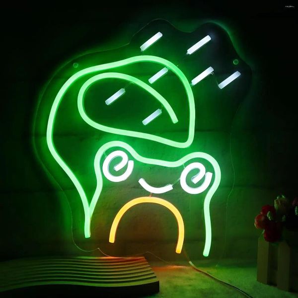 Luces nocturnas, letrero de neón de rana (verde), hoja de día lluvioso, gota de lluvia, LED divertido, decoración de pared alimentada por USB, juego de cueva para hombres