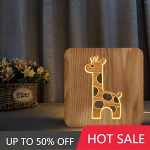 Veilleuses girafe 3D LED en bois pour chambre d'enfant, décoration de salon, lampe de Table creuse en bois, lumière blanche chaude