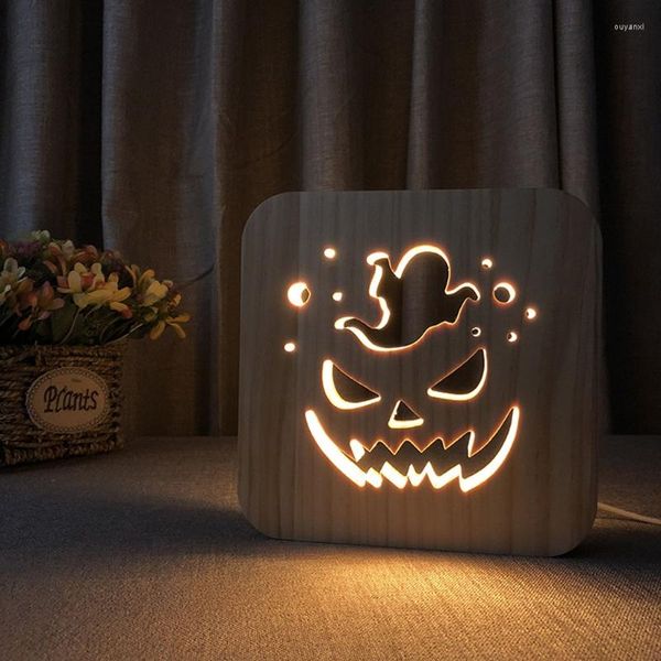 Luces nocturnas Halloween LED Lámpara de madera Luz Mesa USB Talla de madera Cama para dormir para decoración de la habitación de los niños