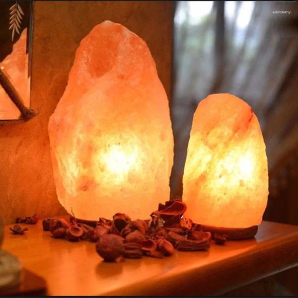 Veilleuses Lampe de sel de l'Himalaya 7 couleurs USB Base en bois pour table de santé Éclairage de chevet intérieur