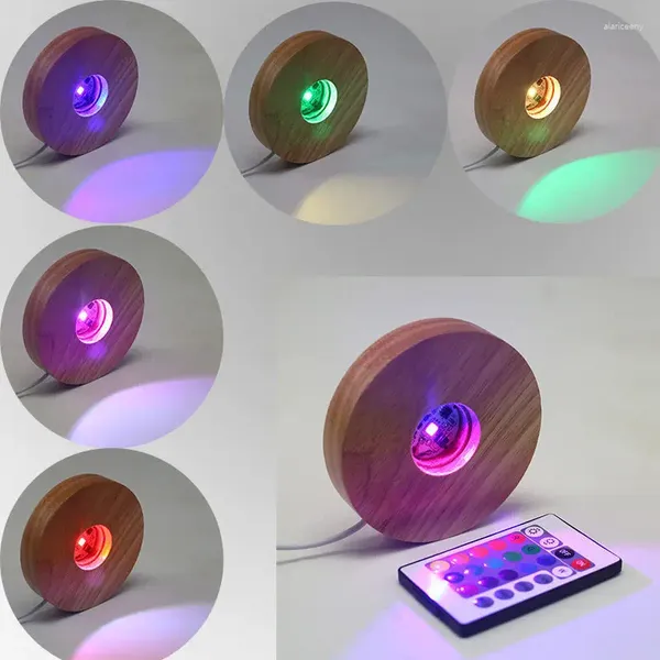 Luces nocturnas con Control remoto por infrarrojos, Base de lámpara LED de madera, soporte de luz colorido redondo USB, adorno artístico, decoración del hogar